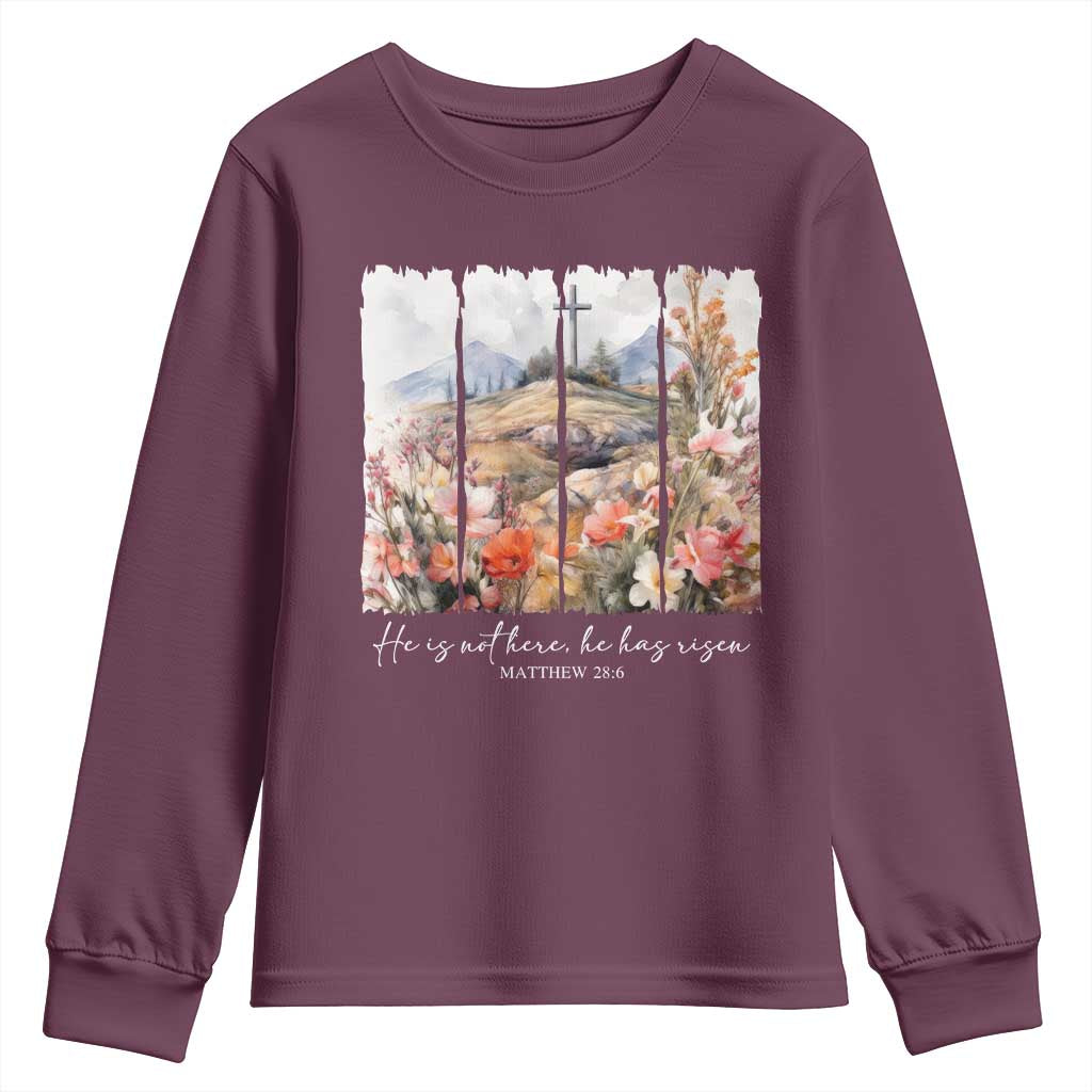 He Is Not Here He Has Risen Youth Sweatshirt Christian Easter Religious Bible Verse TS11 Maroon Print Your Wear