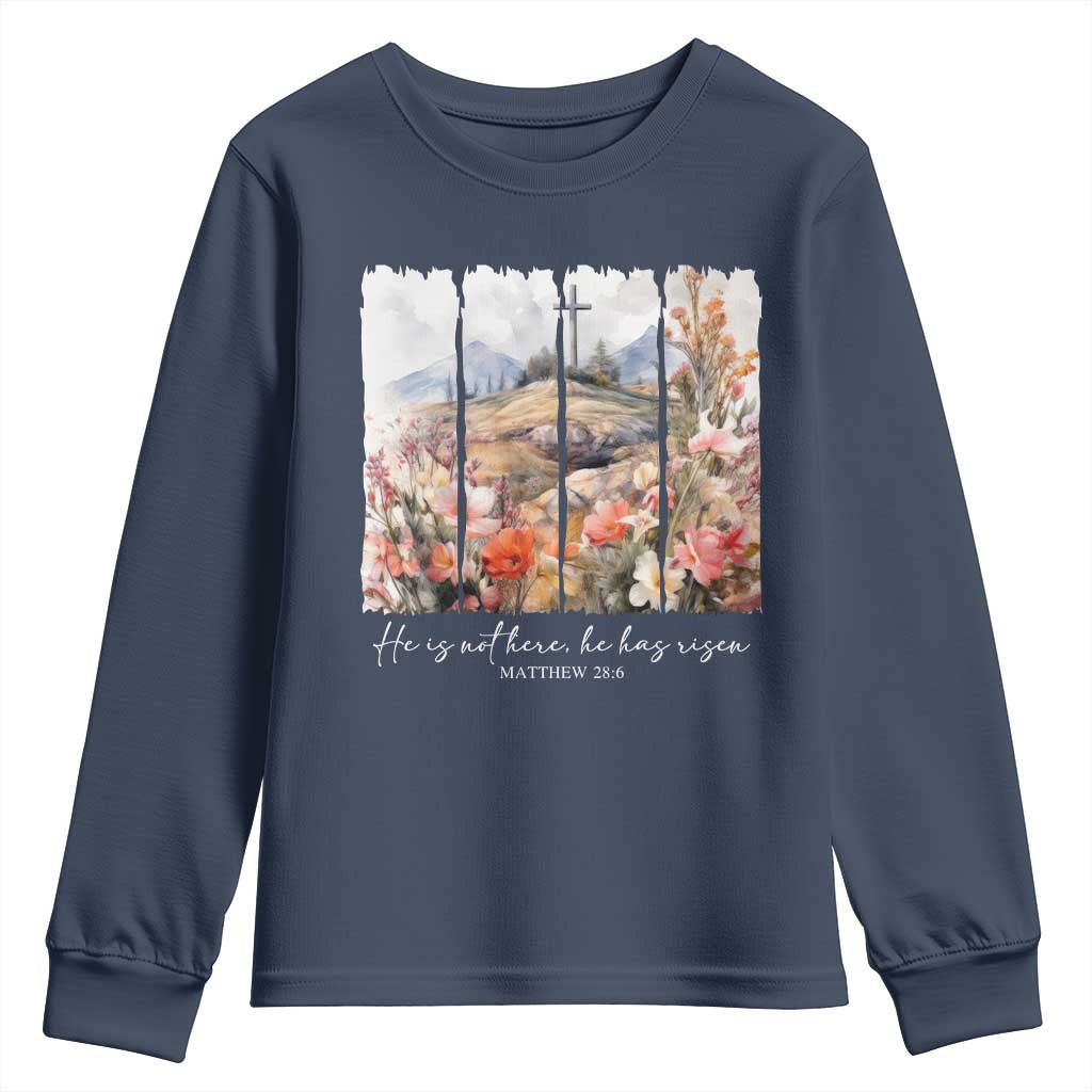 He Is Not Here He Has Risen Youth Sweatshirt Christian Easter Religious Bible Verse TS11 Navy Print Your Wear