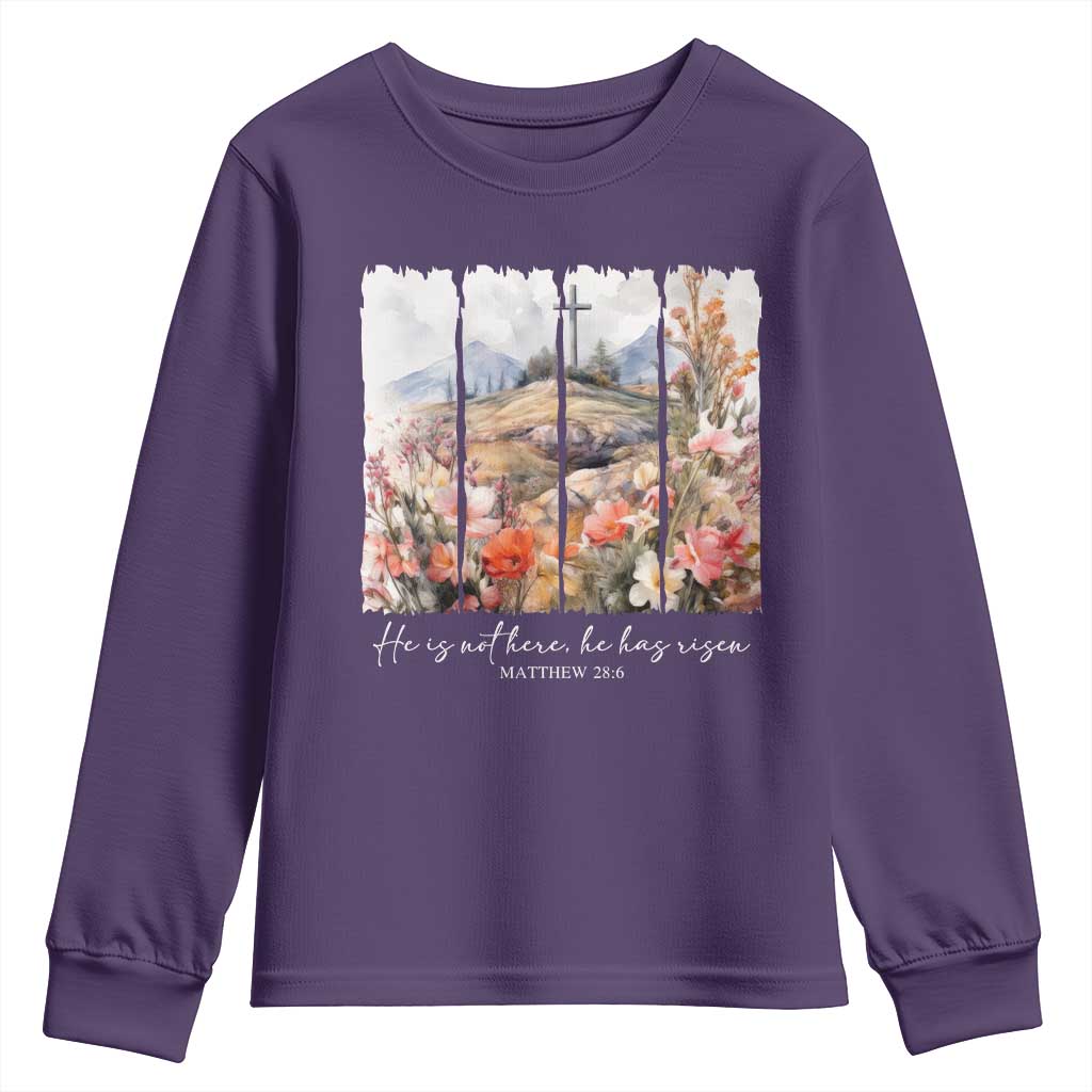 He Is Not Here He Has Risen Youth Sweatshirt Christian Easter Religious Bible Verse TS11 Purple Print Your Wear
