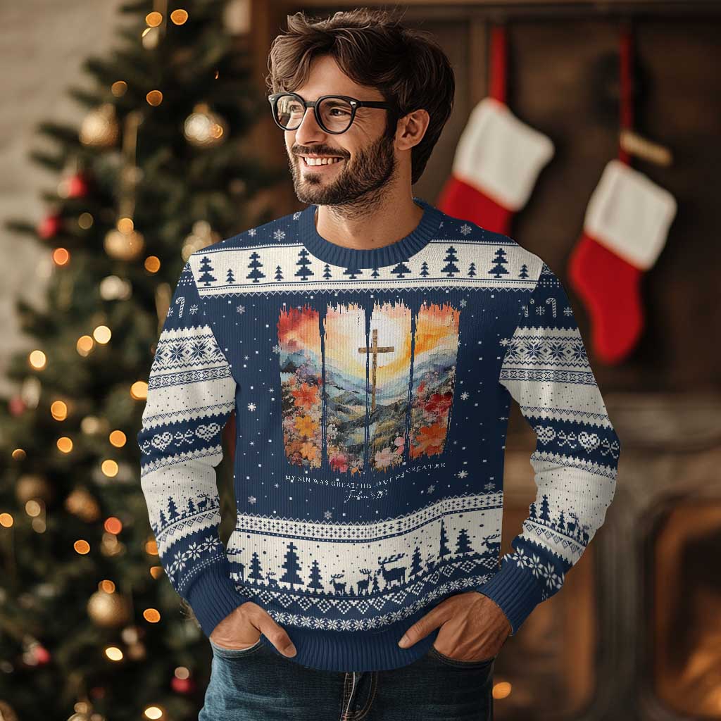 My Sin Was Great His Love Was Greater Ugly Christmas Sweater Christian Easter Religious Bible Verse TS11 Navy Beige Print Your Wear