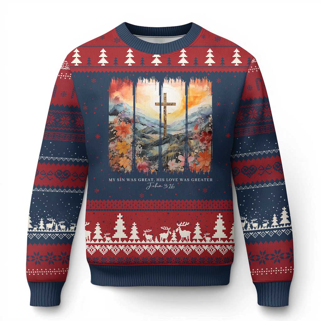 My Sin Was Great His Love Was Greater Ugly Christmas Sweater Christian Easter Religious Bible Verse TS11 Navy Red Print Your Wear