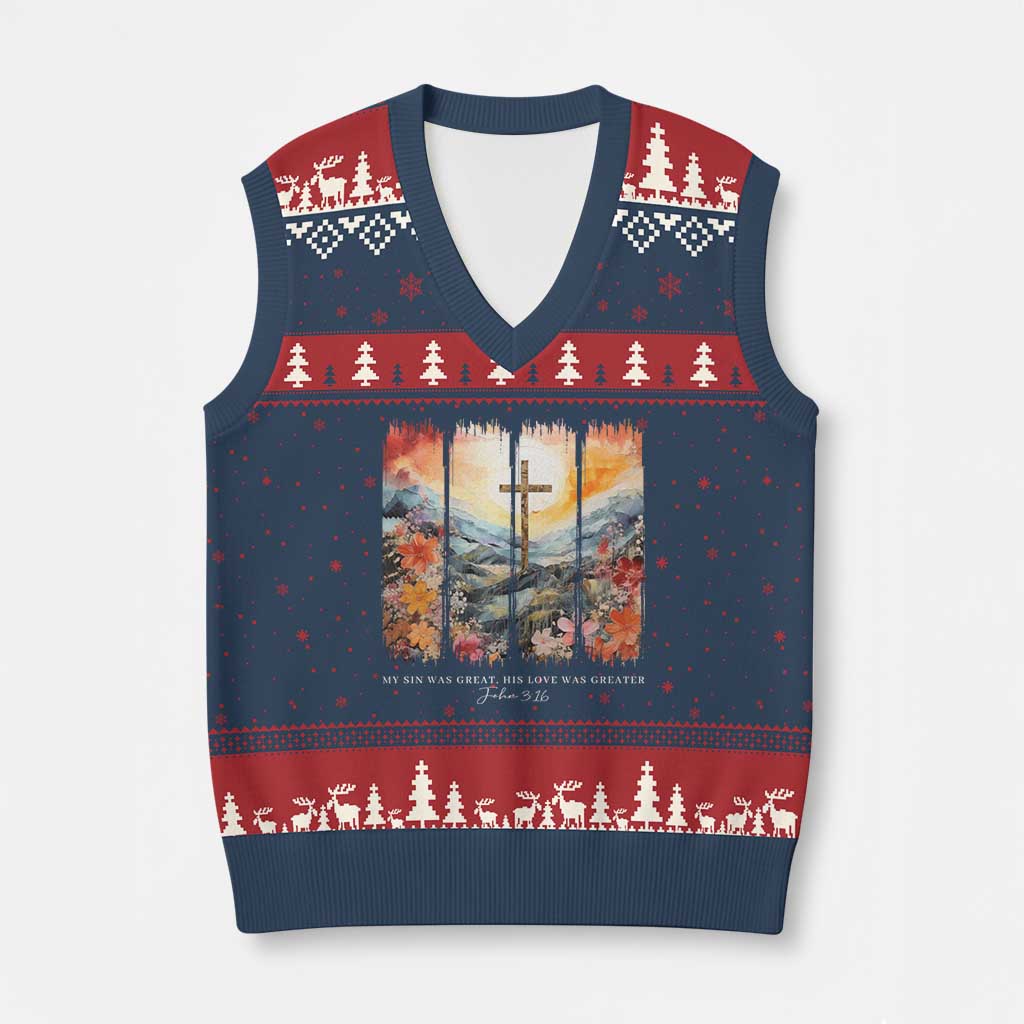 My Sin Was Great His Love Was Greater V-Neck Knit Sweater Vest Christian Easter Religious Bible Verse TS11 Navy Red Print Your Wear