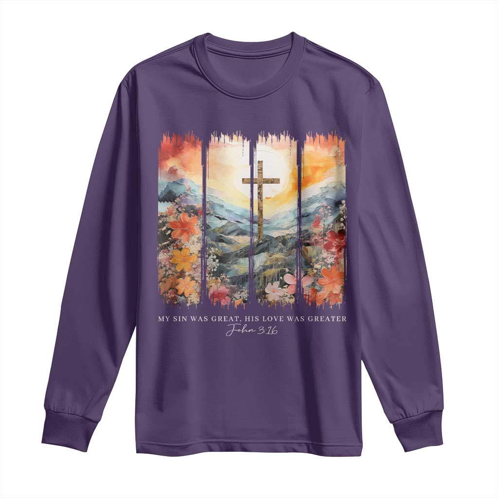 My Sin Was Great His Love Was Greater Long Sleeve Shirt Christian Easter Religious Bible Verse TS11 Purple Print Your Wear