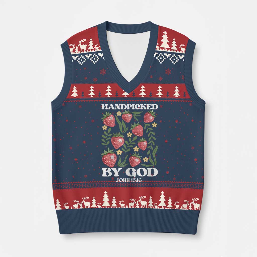 Handpicked By God V-Neck Knit Sweater Vest Religious Christian Bible Verse Strawberries TS11 Navy Red Print Your Wear