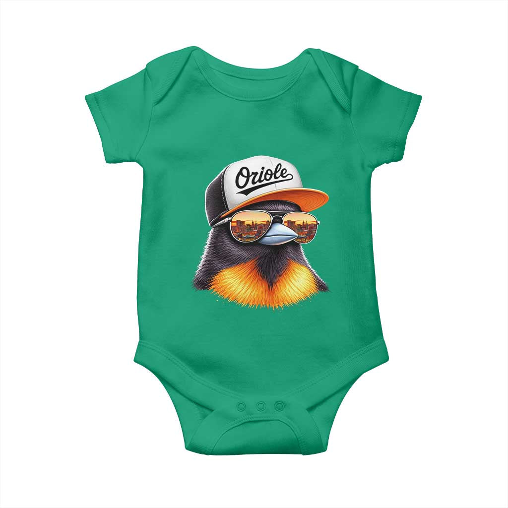 Funny Oriole Bird Wearing Baseball Cap Graphic Vintage Sport Baby Onesie TS11 Irish Green Print Your Wear