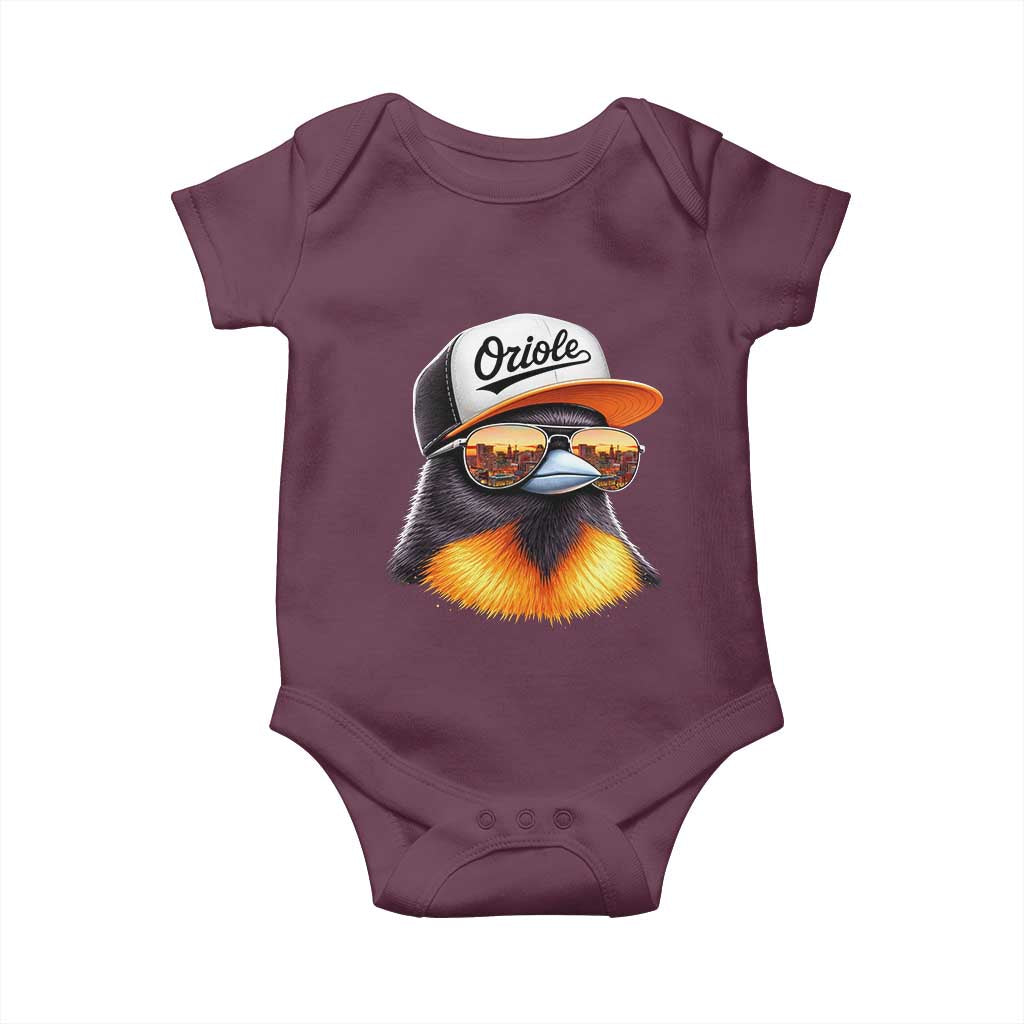Funny Oriole Bird Wearing Baseball Cap Graphic Vintage Sport Baby Onesie TS11 Maroon Print Your Wear