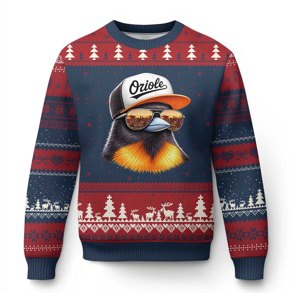 Funny Oriole Bird Wearing Baseball Cap Graphic Vintage Sport Ugly Christmas Sweater TS11 Navy Red Print Your Wear