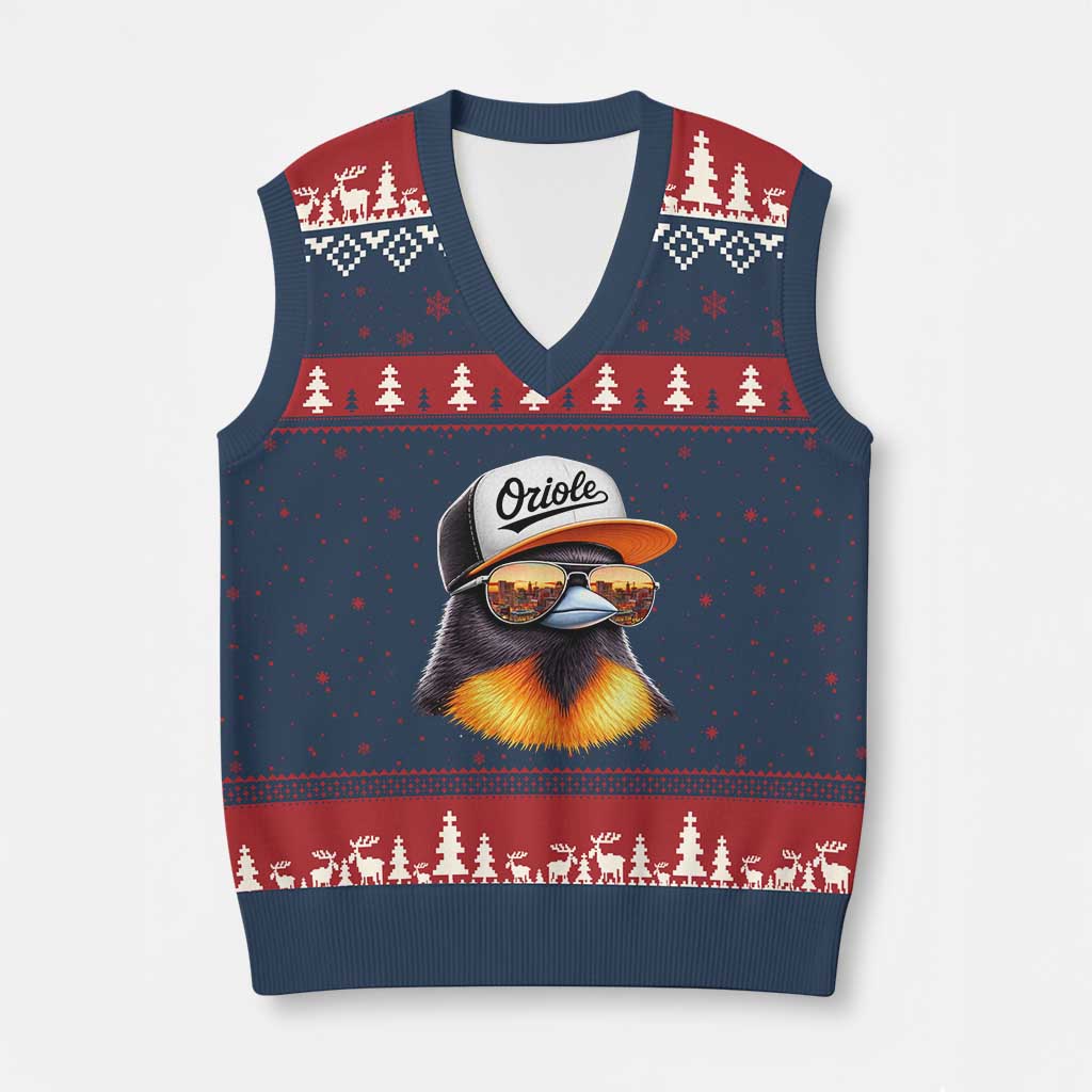 Funny Oriole Bird Wearing Baseball Cap Graphic Vintage Sport V-Neck Knit Sweater Vest TS11 Navy Red Print Your Wear