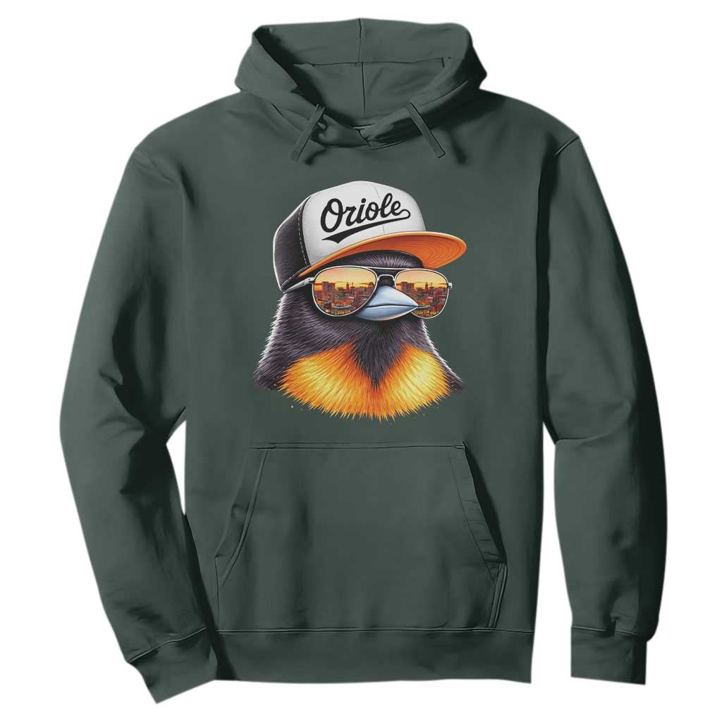 Funny Oriole Bird Wearing Baseball Cap Graphic Vintage Sport Hoodie TS11 Dark Forest Green Print Your Wear