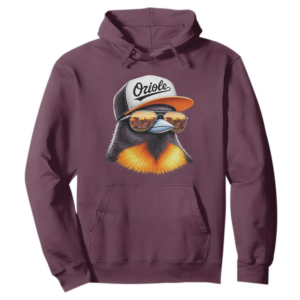 Funny Oriole Bird Wearing Baseball Cap Graphic Vintage Sport Hoodie TS11 Maroon Print Your Wear