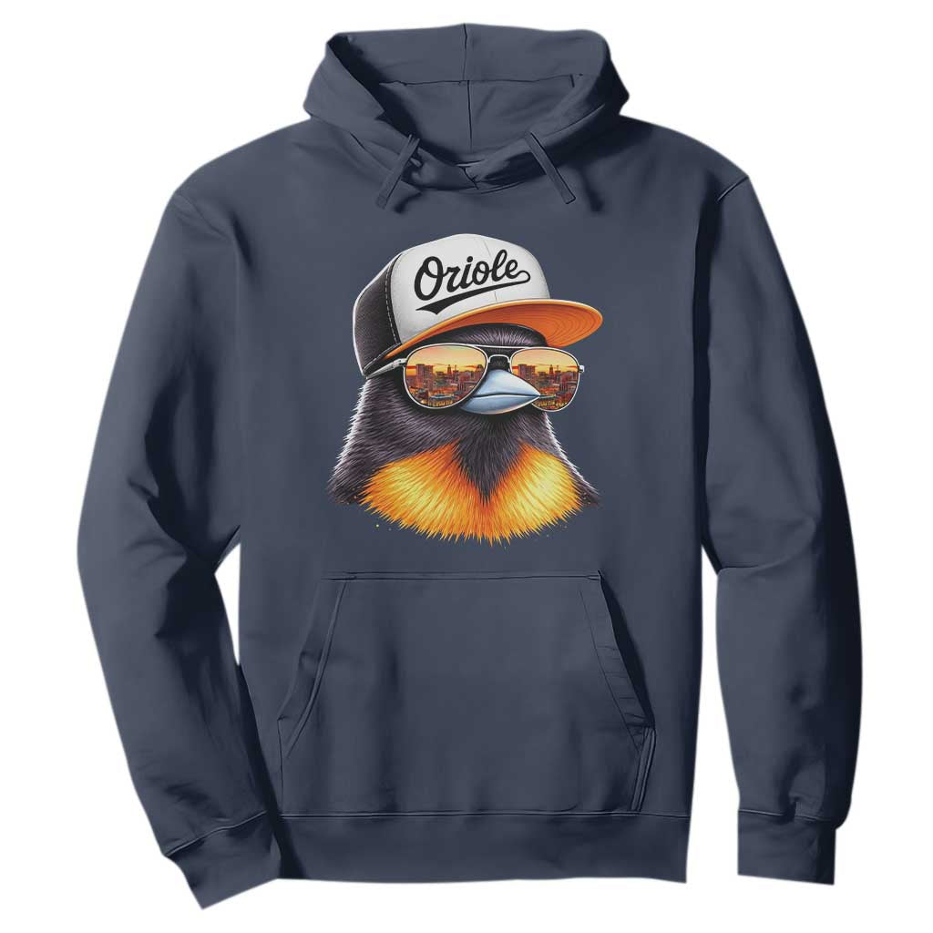 Funny Oriole Bird Wearing Baseball Cap Graphic Vintage Sport Hoodie TS11 Navy Print Your Wear