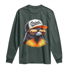 Funny Oriole Bird Wearing Baseball Cap Graphic Vintage Sport Long Sleeve Shirt TS11 Dark Forest Green Print Your Wear