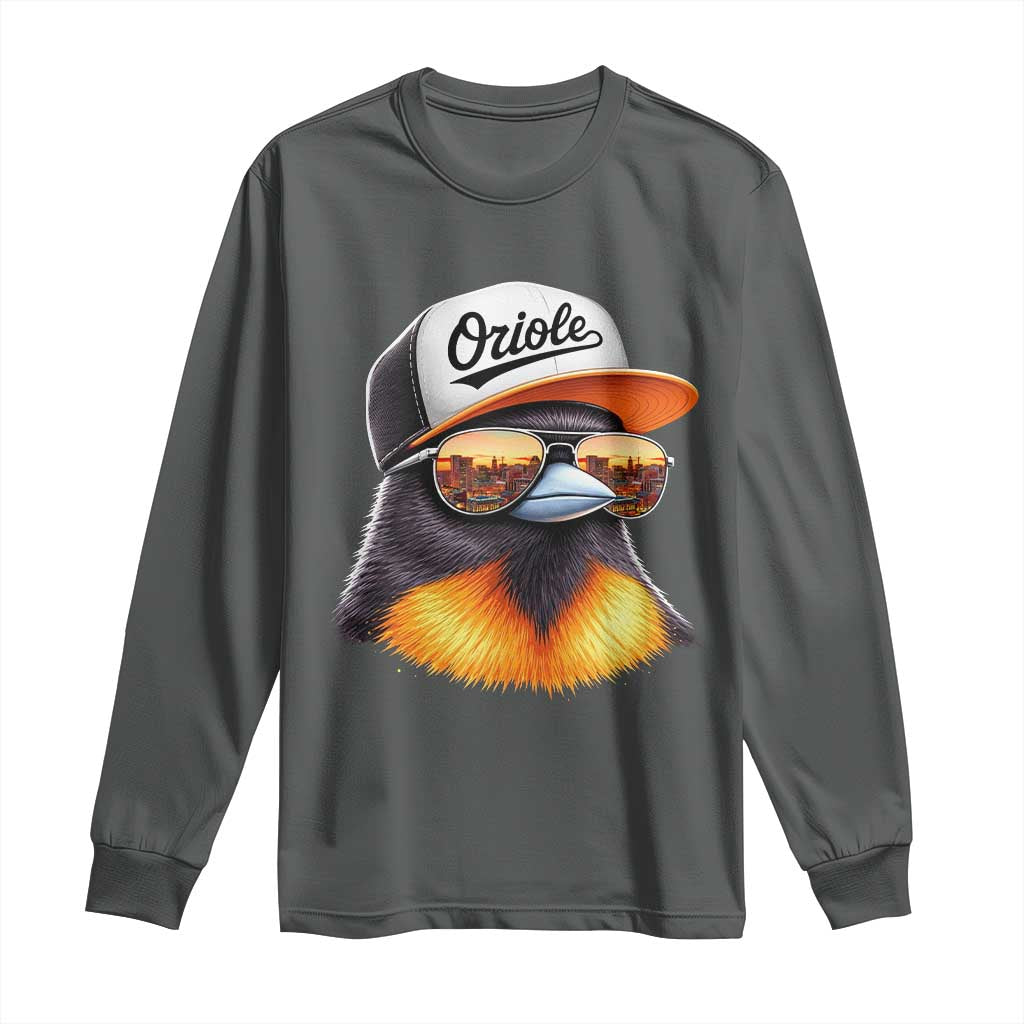 Funny Oriole Bird Wearing Baseball Cap Graphic Vintage Sport Long Sleeve Shirt TS11 Dark Heather Print Your Wear