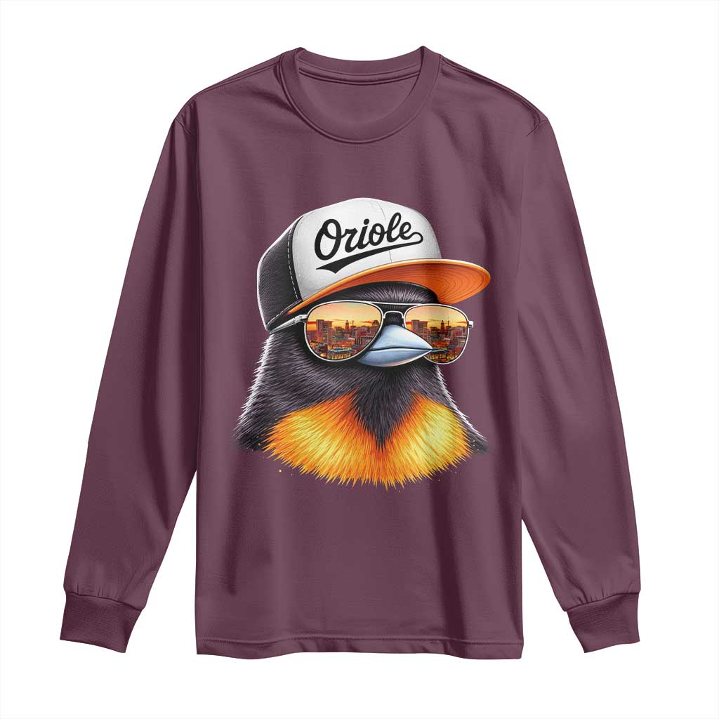Funny Oriole Bird Wearing Baseball Cap Graphic Vintage Sport Long Sleeve Shirt TS11 Maroon Print Your Wear