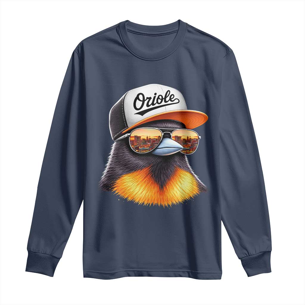 Funny Oriole Bird Wearing Baseball Cap Graphic Vintage Sport Long Sleeve Shirt TS11 Navy Print Your Wear