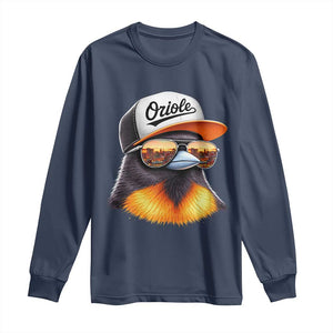 Funny Oriole Bird Wearing Baseball Cap Graphic Vintage Sport Long Sleeve Shirt TS11 Navy Print Your Wear