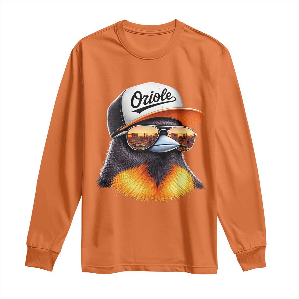 Funny Oriole Bird Wearing Baseball Cap Graphic Vintage Sport Long Sleeve Shirt TS11 Orange Print Your Wear