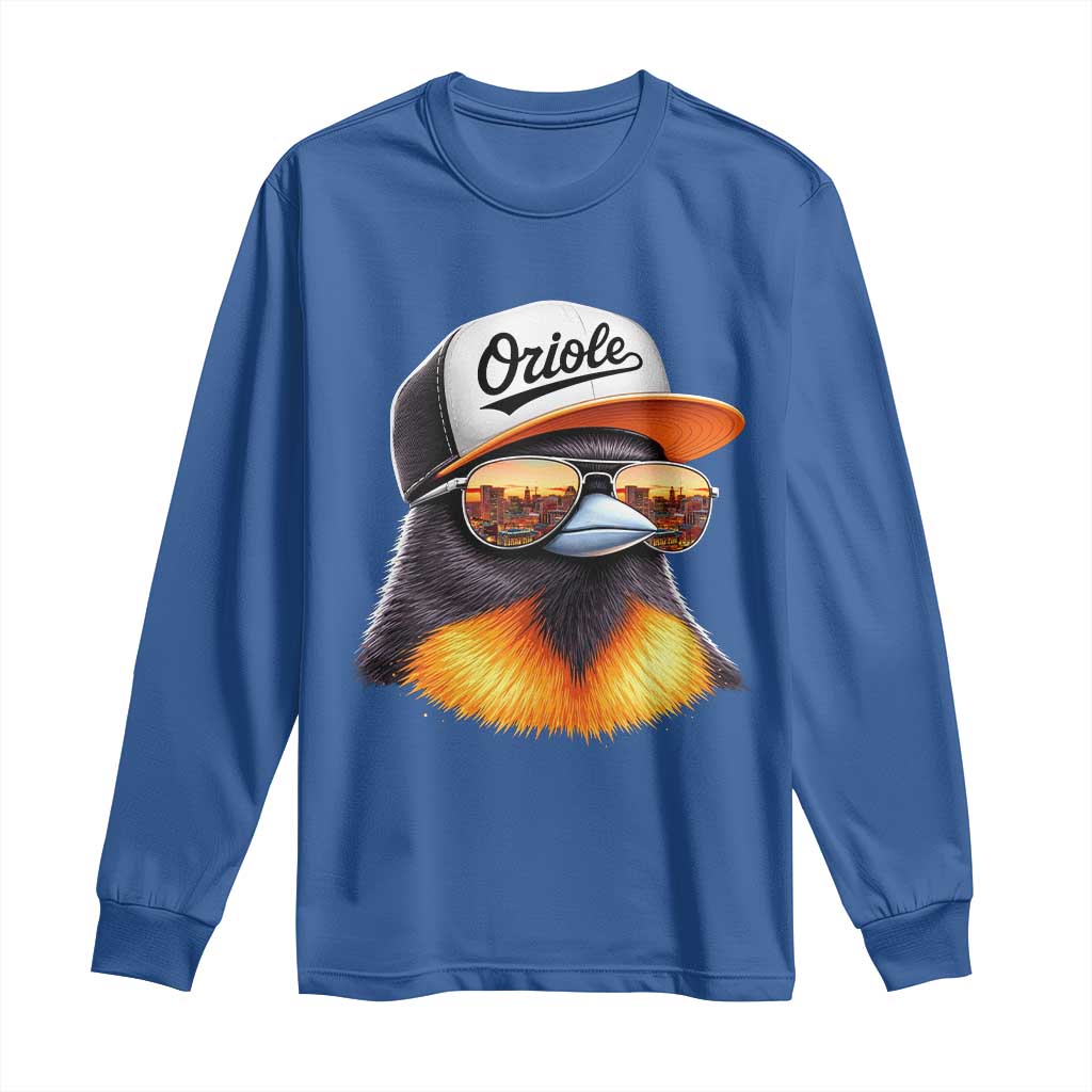 Funny Oriole Bird Wearing Baseball Cap Graphic Vintage Sport Long Sleeve Shirt TS11 Royal Blue Print Your Wear