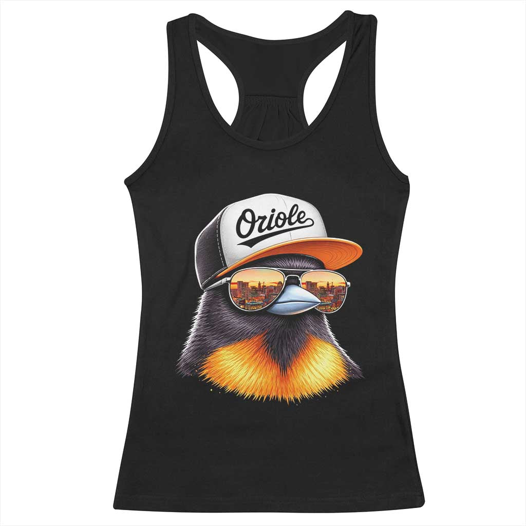 Funny Oriole Bird Wearing Baseball Cap Graphic Vintage Sport Racerback Tank Top TS11 Black Print Your Wear