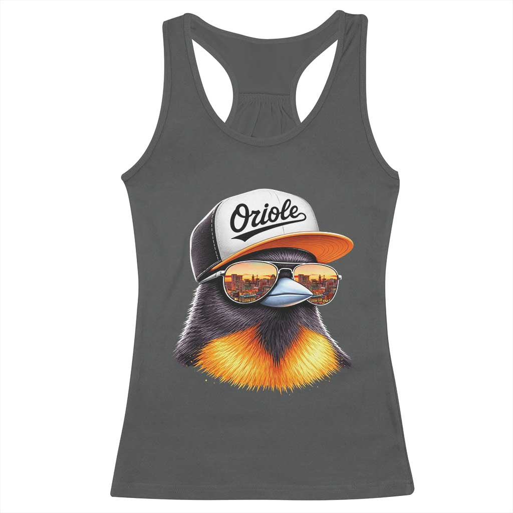 Funny Oriole Bird Wearing Baseball Cap Graphic Vintage Sport Racerback Tank Top TS11 Dark Heather Print Your Wear