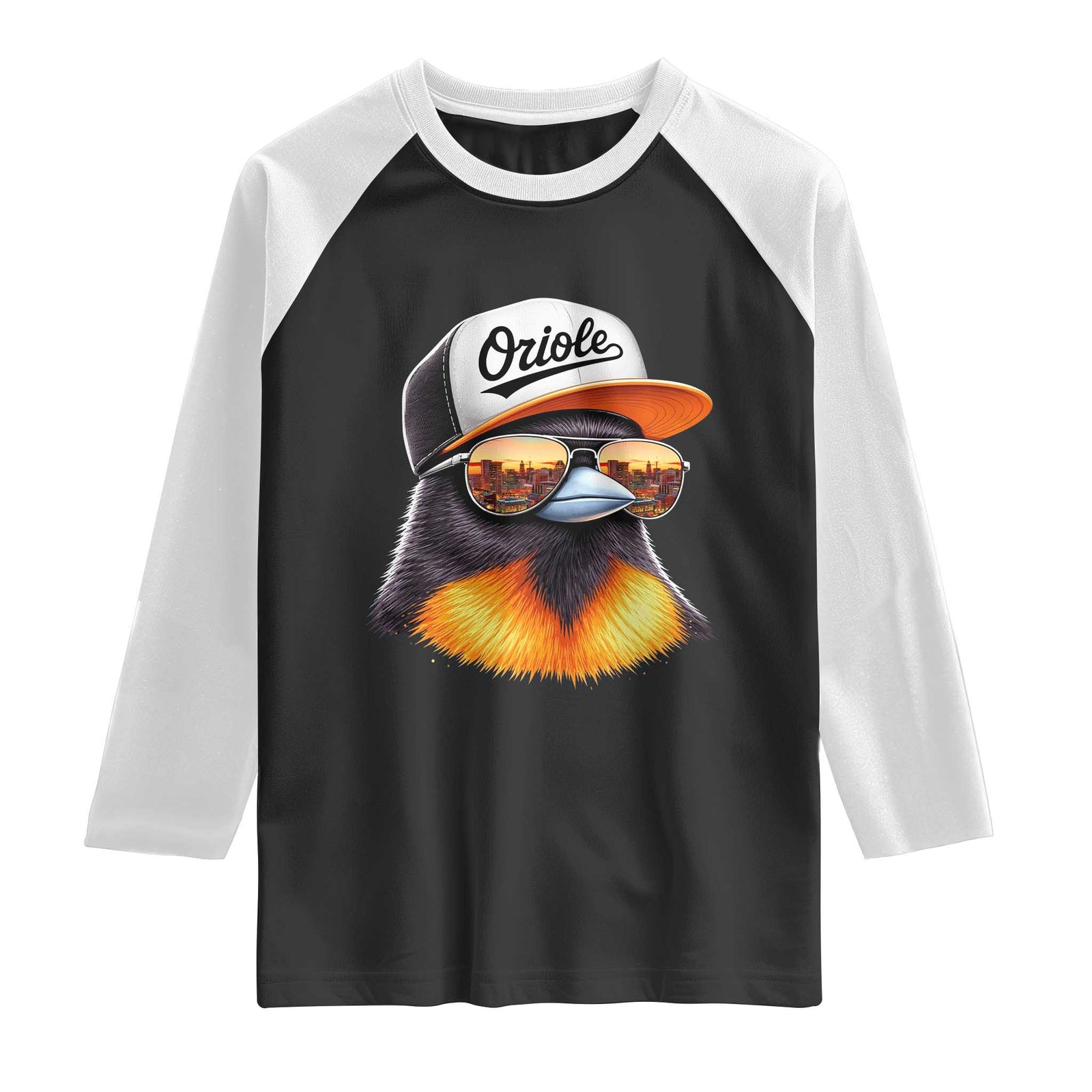Funny Oriole Bird Wearing Baseball Cap Graphic Vintage Sport Raglan Shirt TS11 Black White Print Your Wear