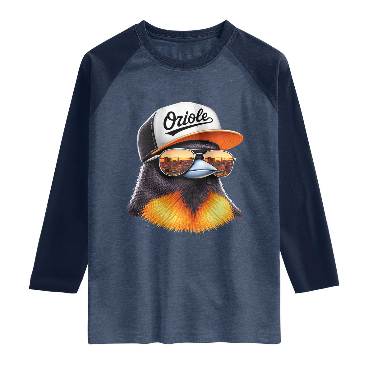 Funny Oriole Bird Wearing Baseball Cap Graphic Vintage Sport Raglan Shirt TS11 Heather Denim Navy Print Your Wear