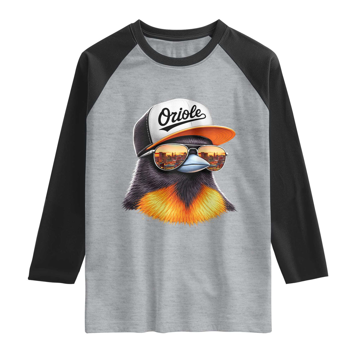 Funny Oriole Bird Wearing Baseball Cap Graphic Vintage Sport Raglan Shirt TS11 Heather Gray Black Print Your Wear