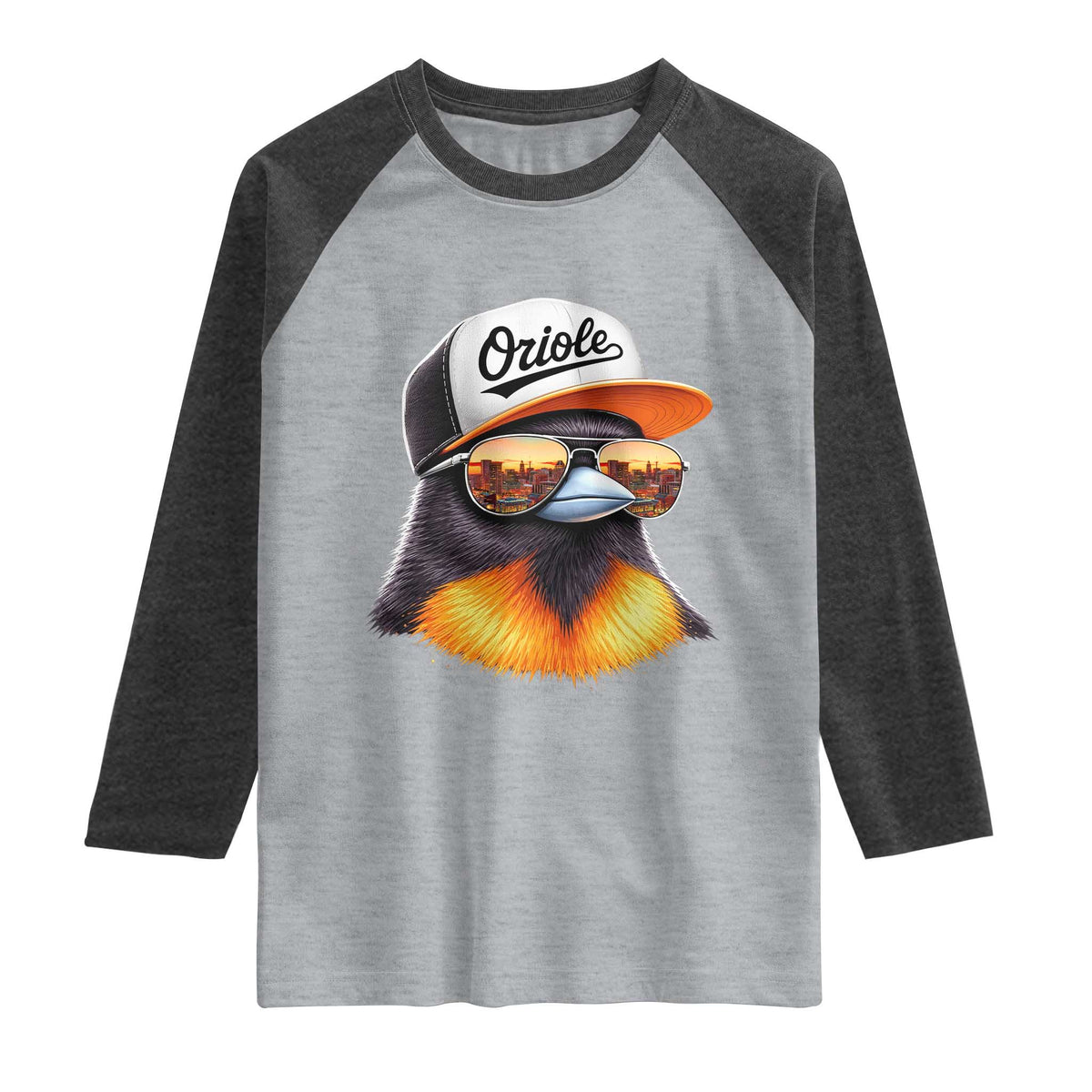 Funny Oriole Bird Wearing Baseball Cap Graphic Vintage Sport Raglan Shirt TS11 Heather Gray Heather Charcoal Print Your Wear