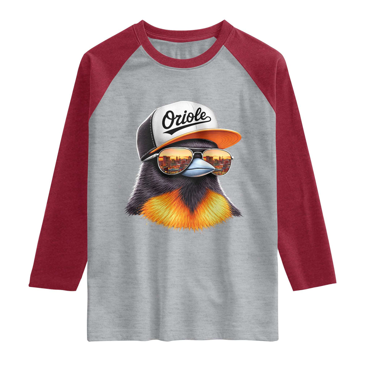 Funny Oriole Bird Wearing Baseball Cap Graphic Vintage Sport Raglan Shirt TS11 Heather Gray Heather Red Print Your Wear