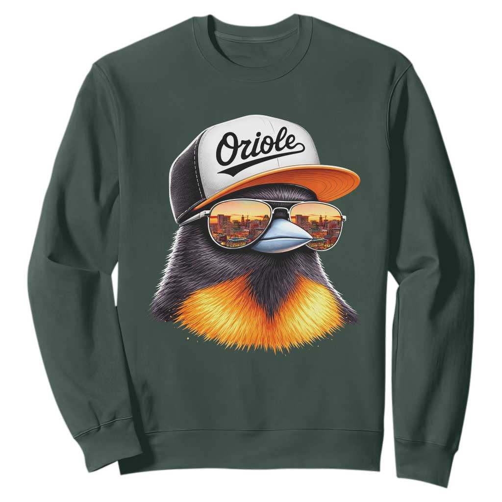 Funny Oriole Bird Wearing Baseball Cap Graphic Vintage Sport Sweatshirt TS11 Dark Forest Green Print Your Wear