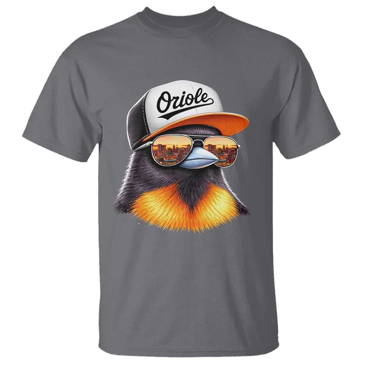 Funny Oriole Bird Wearing Baseball Cap Graphic Vintage Sport T Shirt TS11 Charcoal Print Your Wear