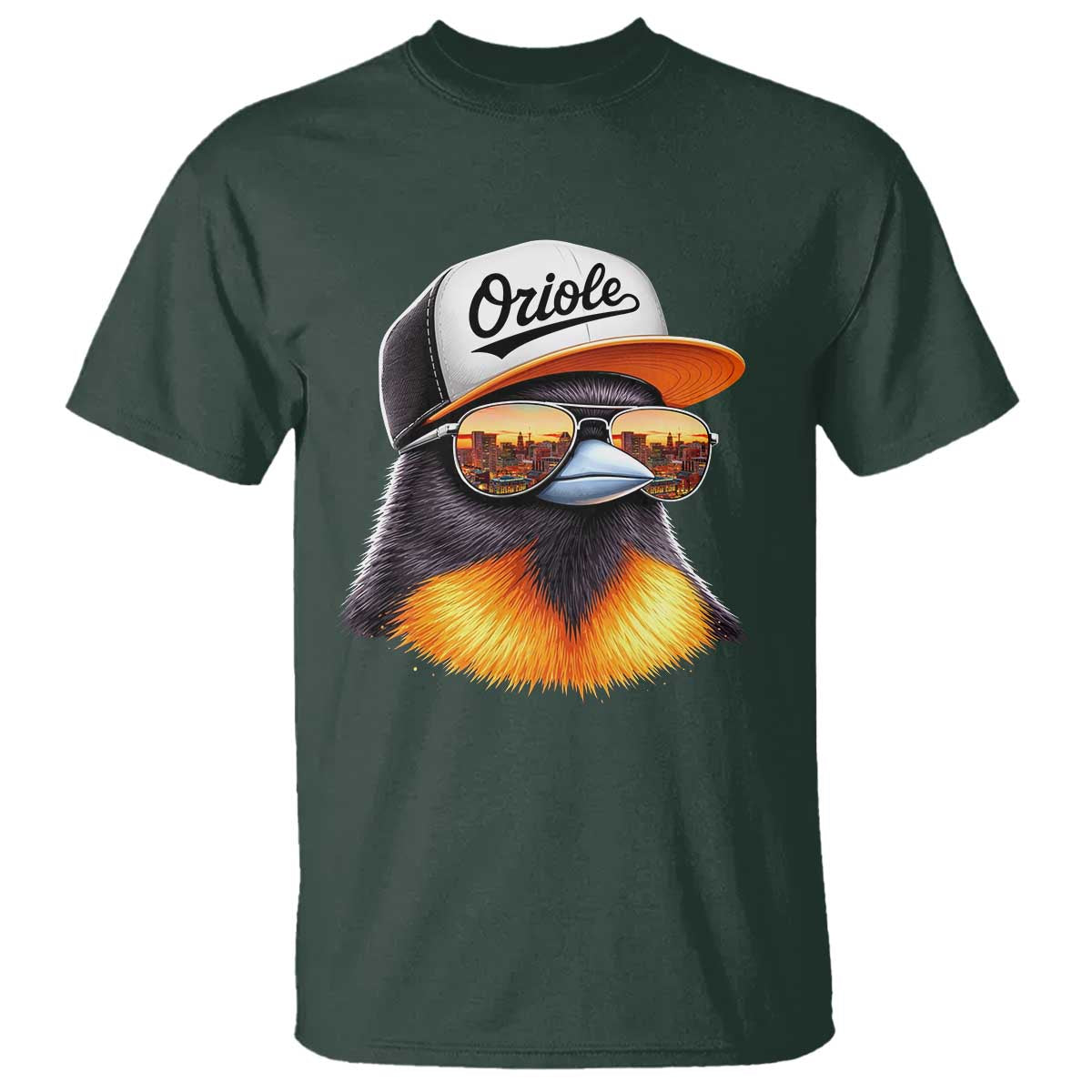 Funny Oriole Bird Wearing Baseball Cap Graphic Vintage Sport T Shirt TS11 Dark Forest Green Print Your Wear