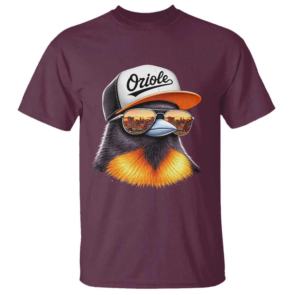 Funny Oriole Bird Wearing Baseball Cap Graphic Vintage Sport T Shirt TS11 Maroon Print Your Wear