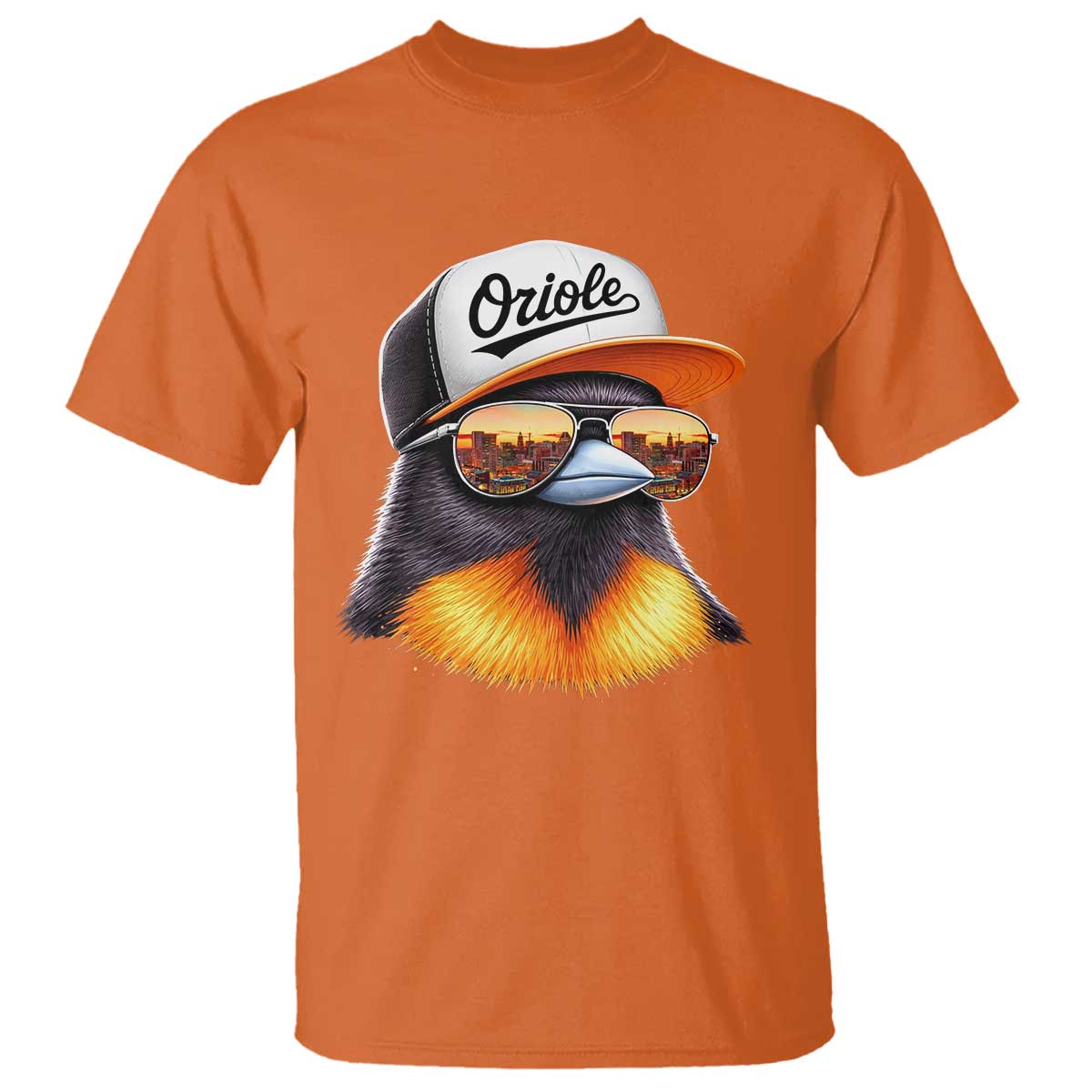 Funny Oriole Bird Wearing Baseball Cap Graphic Vintage Sport T Shirt TS11 Orange Print Your Wear