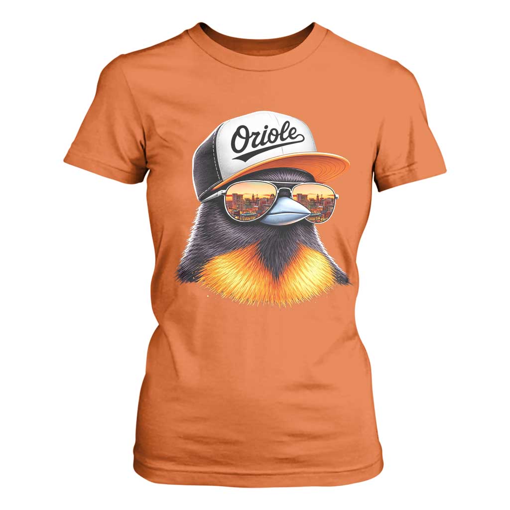 Funny Oriole Bird Wearing Baseball Cap Graphic Vintage Sport T Shirt For Women TS11 Orange Print Your Wear