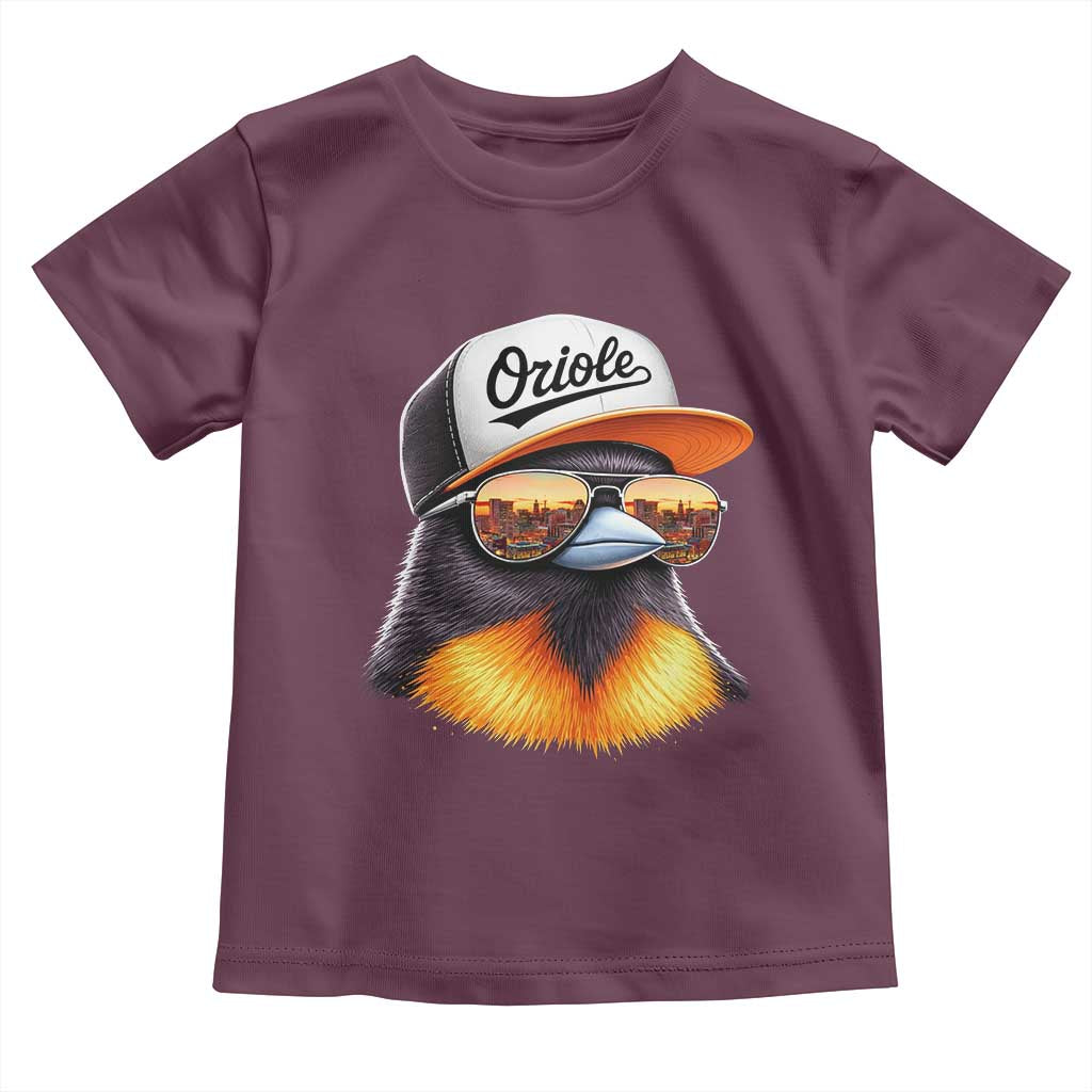 Funny Oriole Bird Wearing Baseball Cap Graphic Vintage Sport Toddler T Shirt TS11 Maroon Print Your Wear