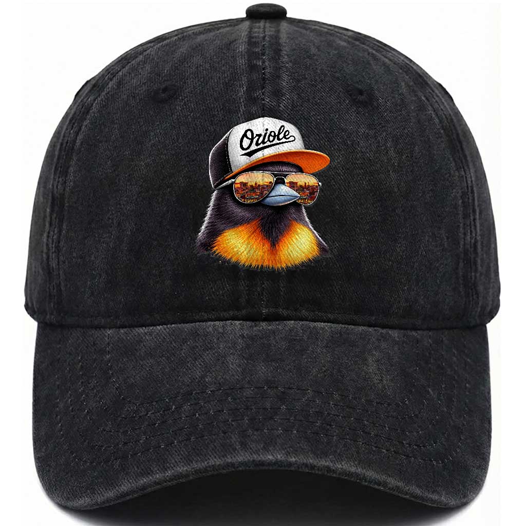 Funny Oriole Bird Wearing Baseball Cap Graphic Vintage Sport Washed Cotton Baseball Cap TS11 Washed Cap Universal Fit Black Print Your Wear
