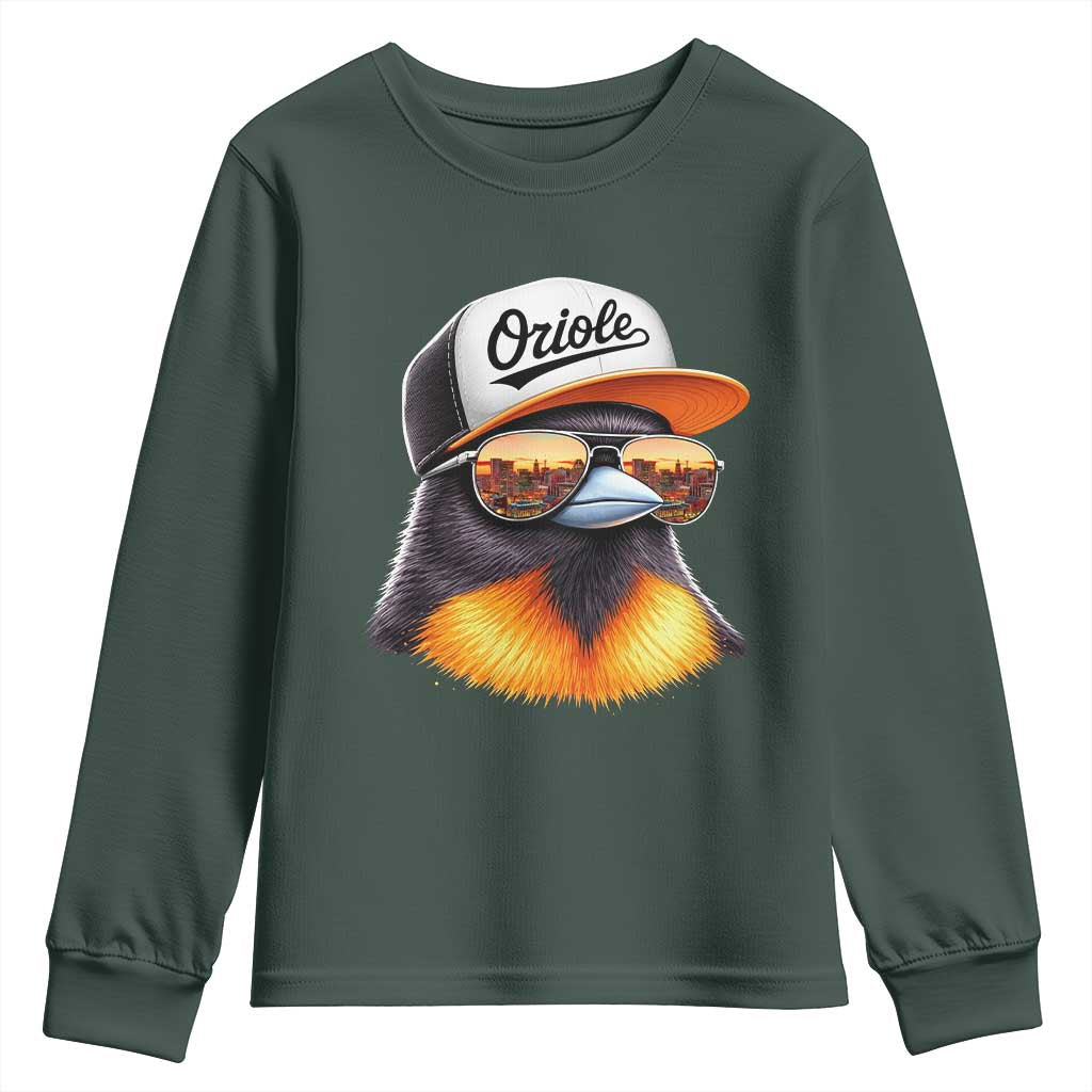 Funny Oriole Bird Wearing Baseball Cap Graphic Vintage Sport Youth Sweatshirt TS11 Dark Forest Green Print Your Wear