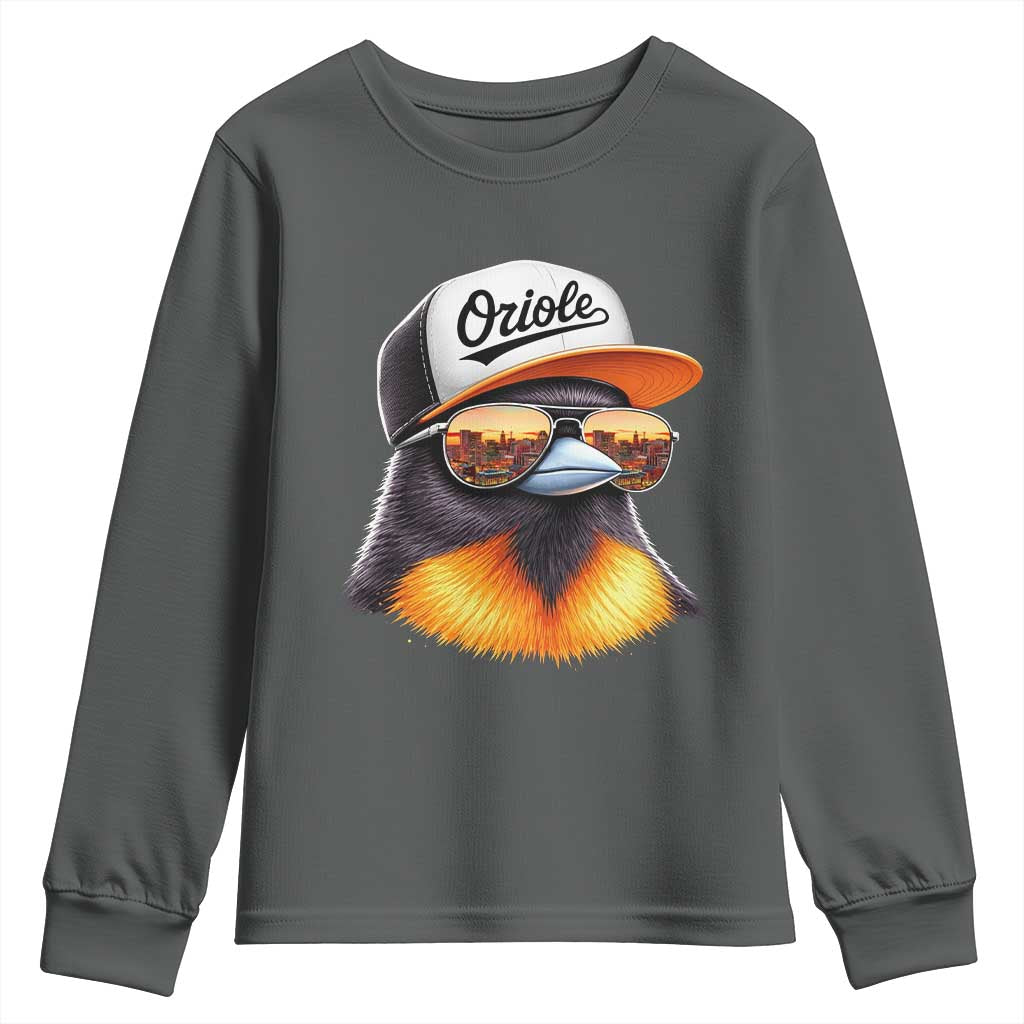 Funny Oriole Bird Wearing Baseball Cap Graphic Vintage Sport Youth Sweatshirt TS11 Dark Heather Print Your Wear