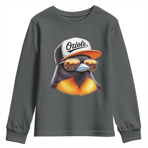 Funny Oriole Bird Wearing Baseball Cap Graphic Vintage Sport Youth Sweatshirt TS11 Dark Heather Print Your Wear