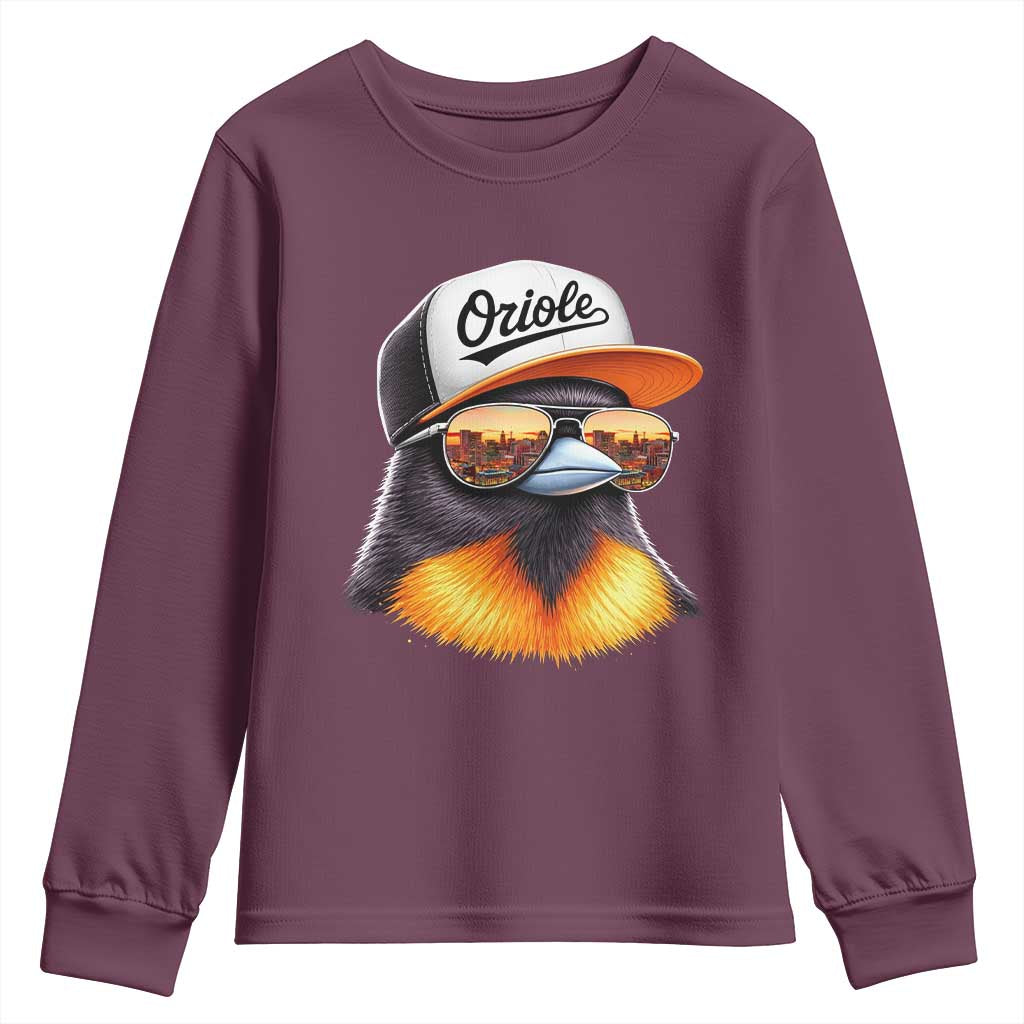 Funny Oriole Bird Wearing Baseball Cap Graphic Vintage Sport Youth Sweatshirt TS11 Maroon Print Your Wear