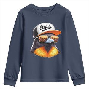 Funny Oriole Bird Wearing Baseball Cap Graphic Vintage Sport Youth Sweatshirt TS11 Navy Print Your Wear