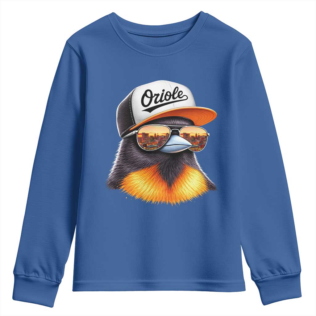 Funny Oriole Bird Wearing Baseball Cap Graphic Vintage Sport Youth Sweatshirt TS11 Royal Blue Print Your Wear