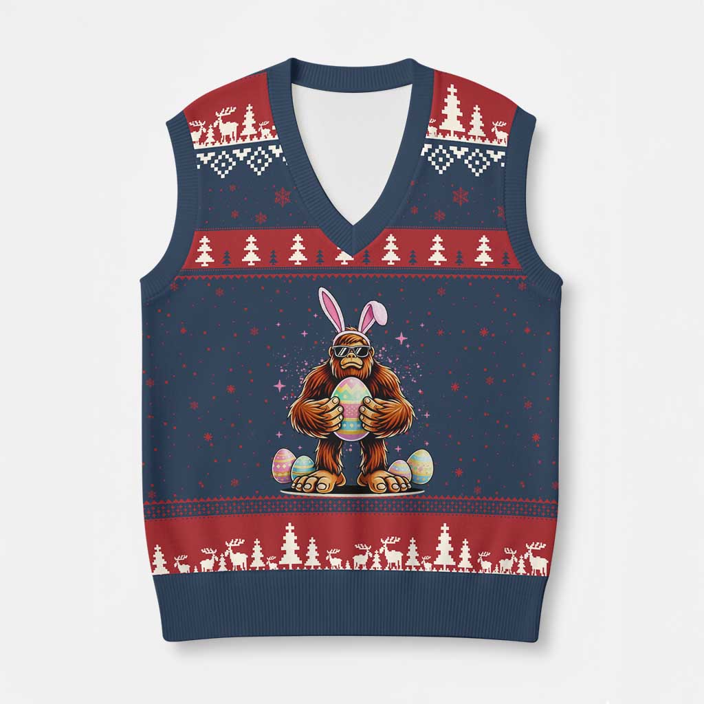 Funny Bigfoot Easter Day Bunny Sasquatch Egg V-Neck Knit Sweater Vest TS11 Navy Red Print Your Wear