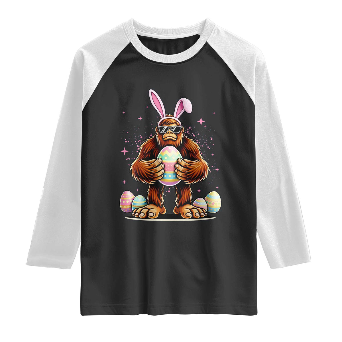 Funny Bigfoot Easter Day Bunny Sasquatch Egg Raglan Shirt TS11 Black White Print Your Wear