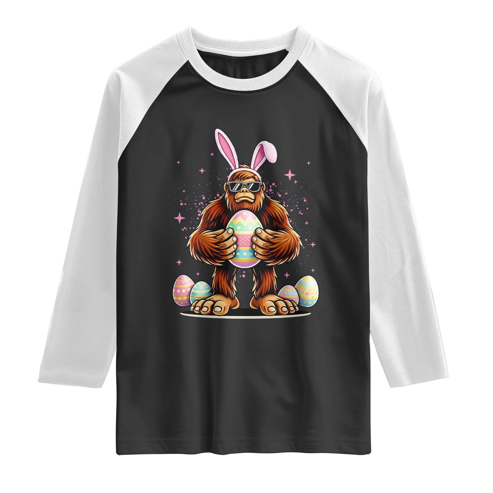 Funny Bigfoot Easter Day Bunny Sasquatch Egg Raglan Shirt TS11 Black White Print Your Wear