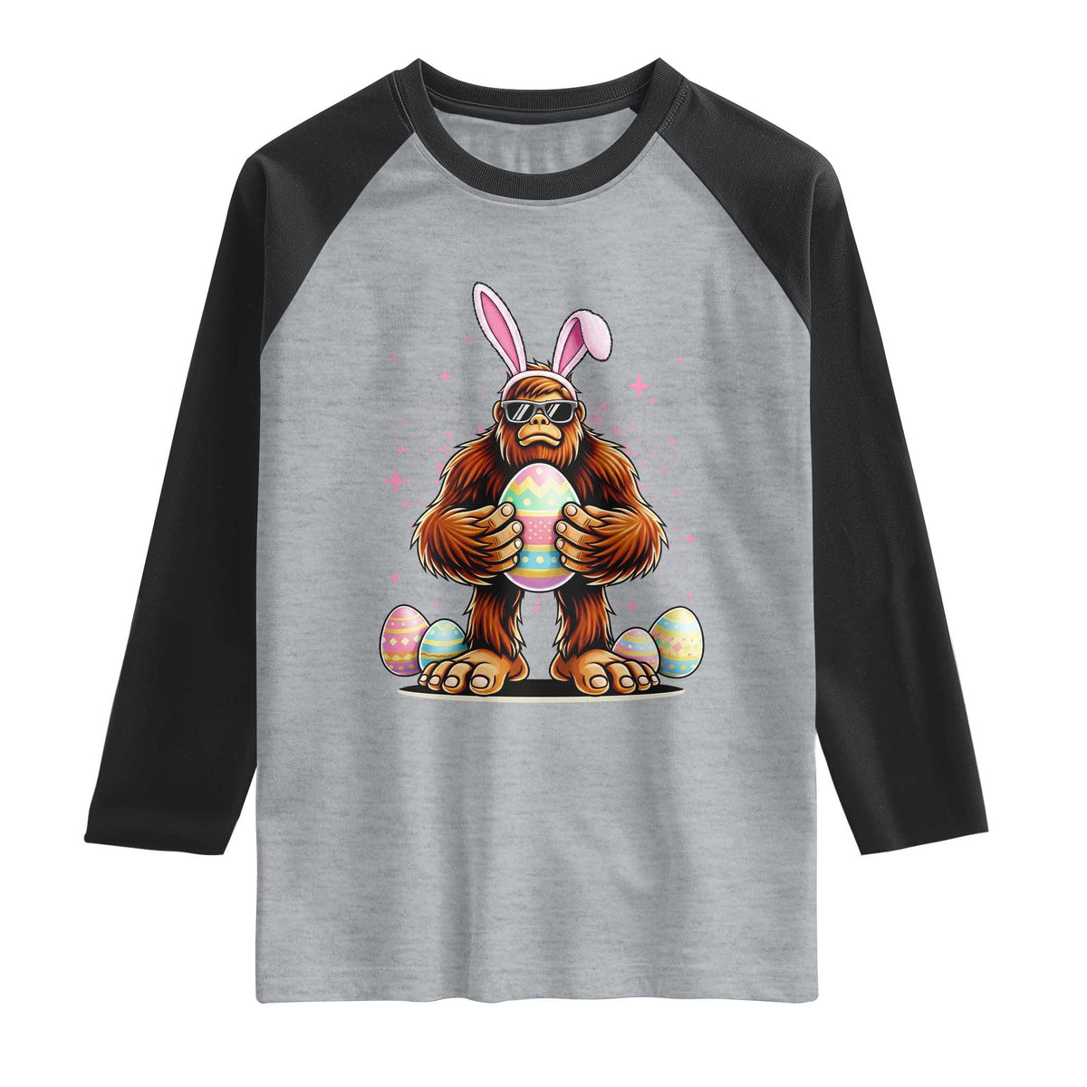 Funny Bigfoot Easter Day Bunny Sasquatch Egg Raglan Shirt TS11 Heather Gray Black Print Your Wear