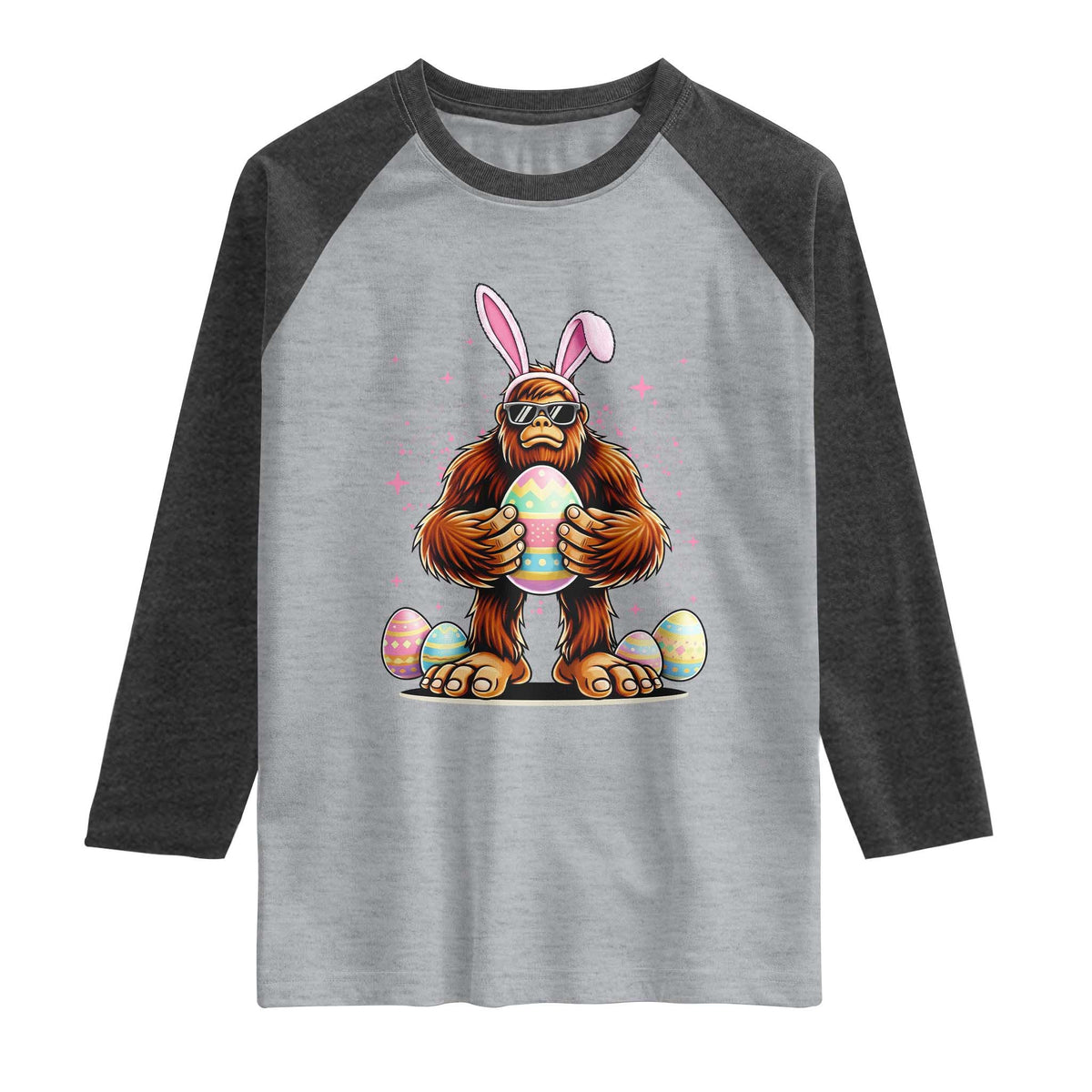Funny Bigfoot Easter Day Bunny Sasquatch Egg Raglan Shirt TS11 Heather Gray Heather Charcoal Print Your Wear
