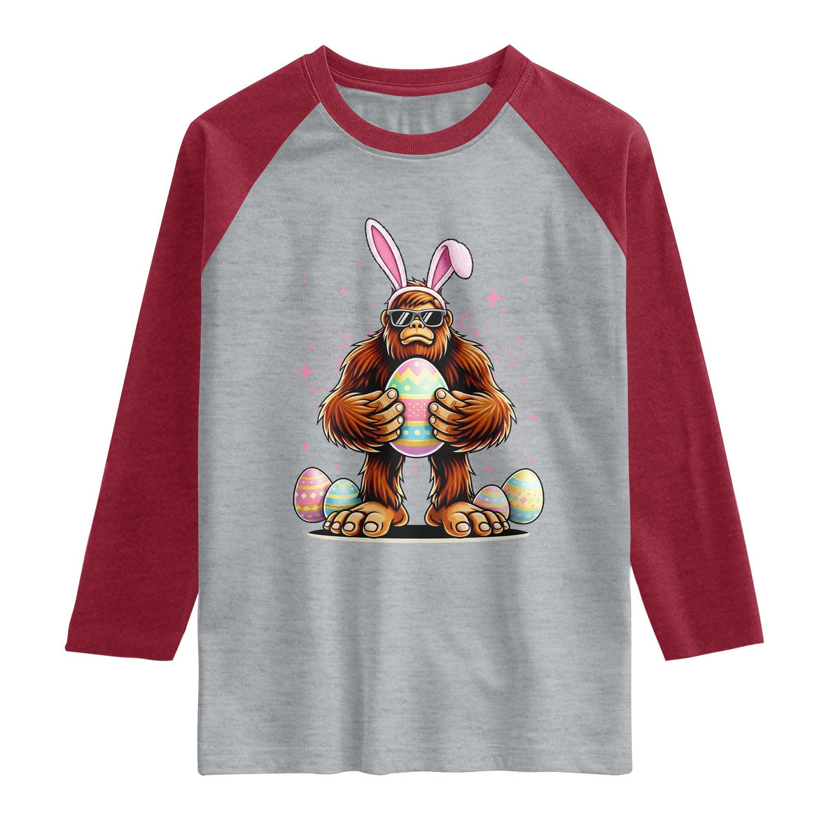 Funny Bigfoot Easter Day Bunny Sasquatch Egg Raglan Shirt TS11 Heather Gray Heather Red Print Your Wear