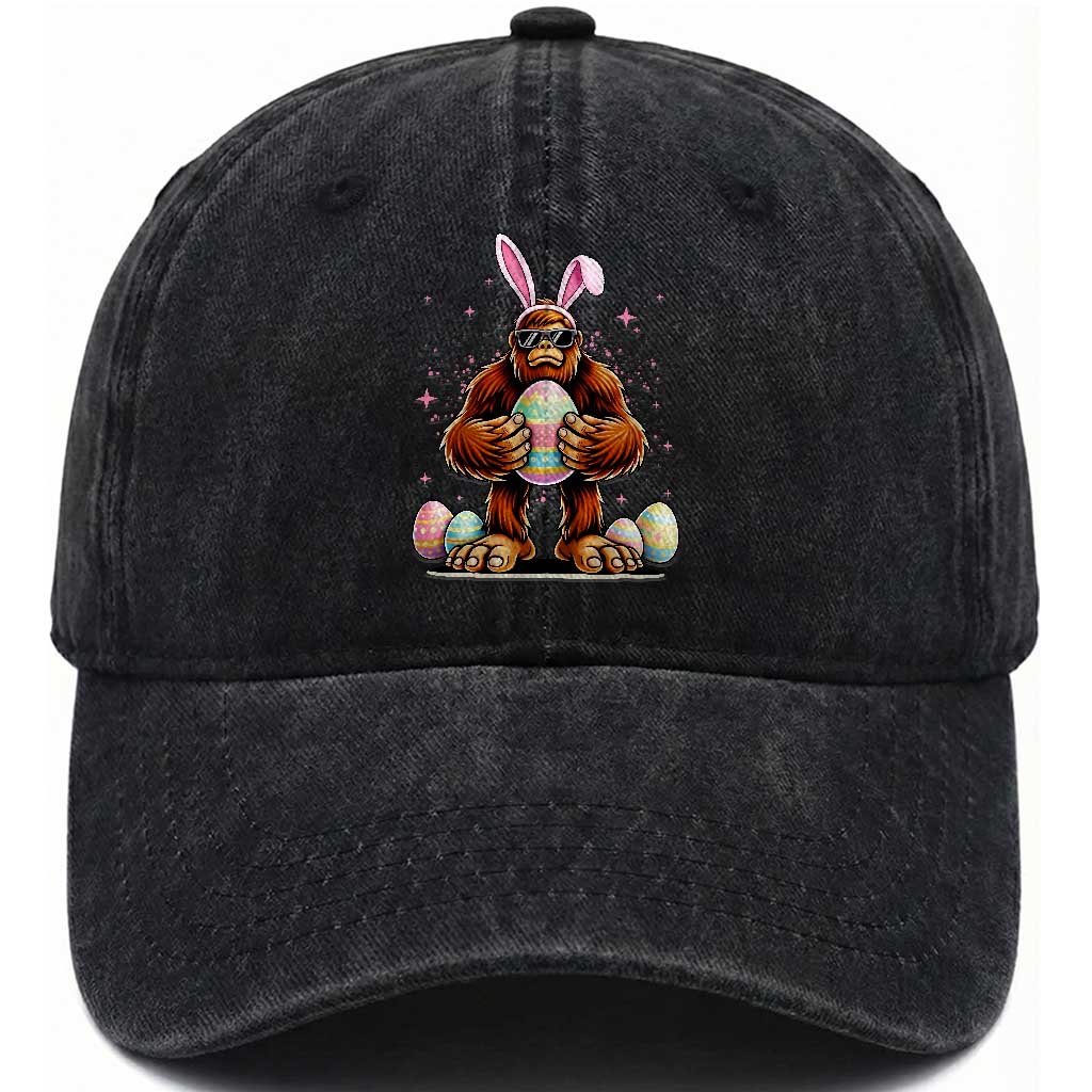 Funny Bigfoot Easter Day Bunny Sasquatch Egg Washed Cotton Baseball Cap TS11 Washed Cap Universal Fit Black Print Your Wear